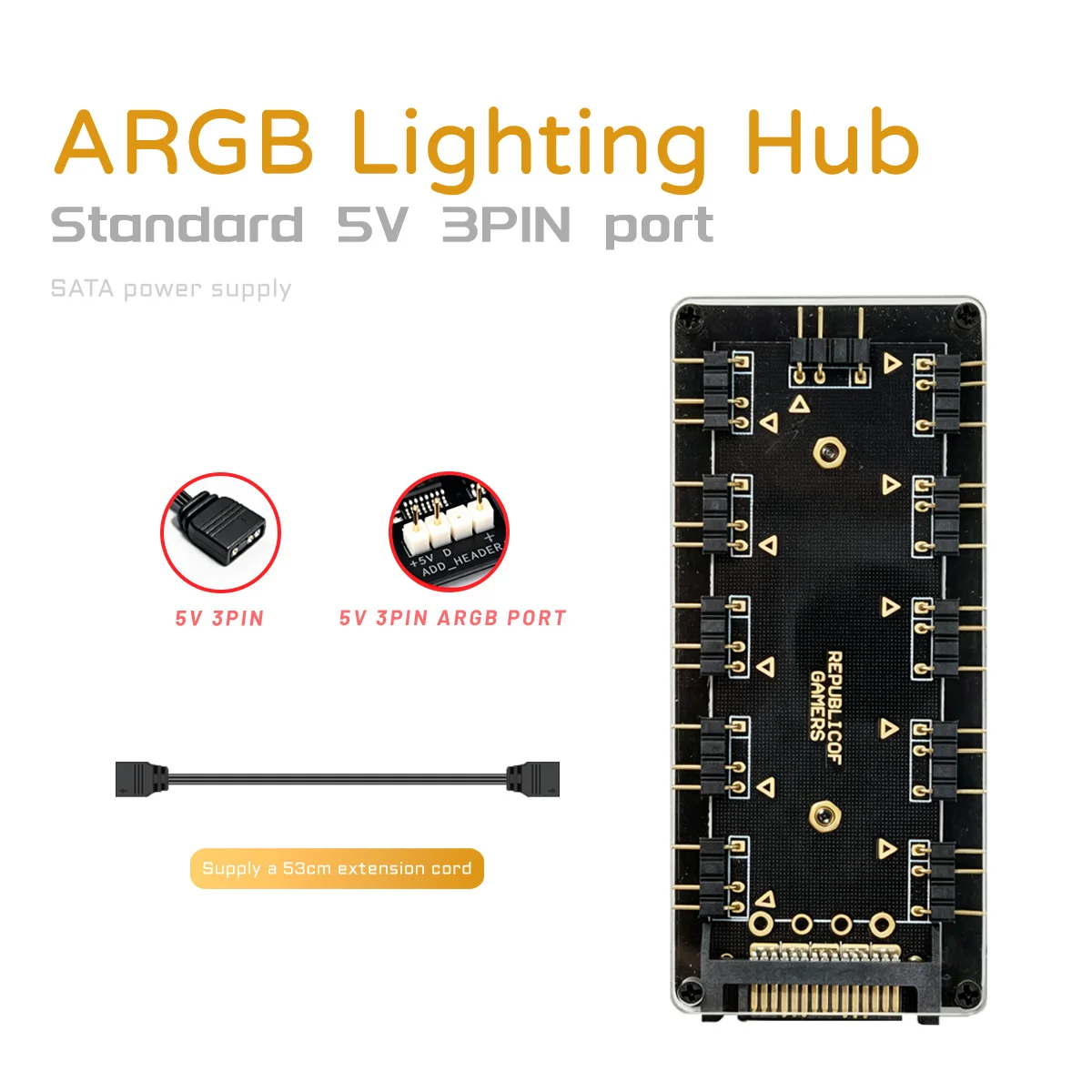 10-портовый 5В 3-контактный ARGB-хаб для вентиляторов с питанием от SATA, RGB-сплиттер для корпуса ПК, адресная RGB-подсветка для вентиляторов и светодиодных лент
