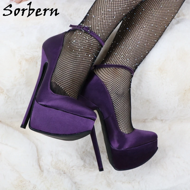 Sorbern Black Matt Real Leather Pump Women Wide Ankle Strap Pointed Toe Two Piece Mature 14-16Cm High Heel Stilettos Custom