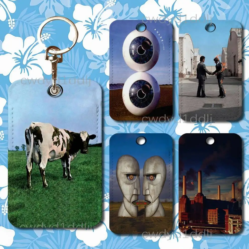 

P-Pink Floyd Wish You Were Here Rectangle Card Case Keychain Access Card Bag Key Tag Ring Leather Card Holder Key Ring Access