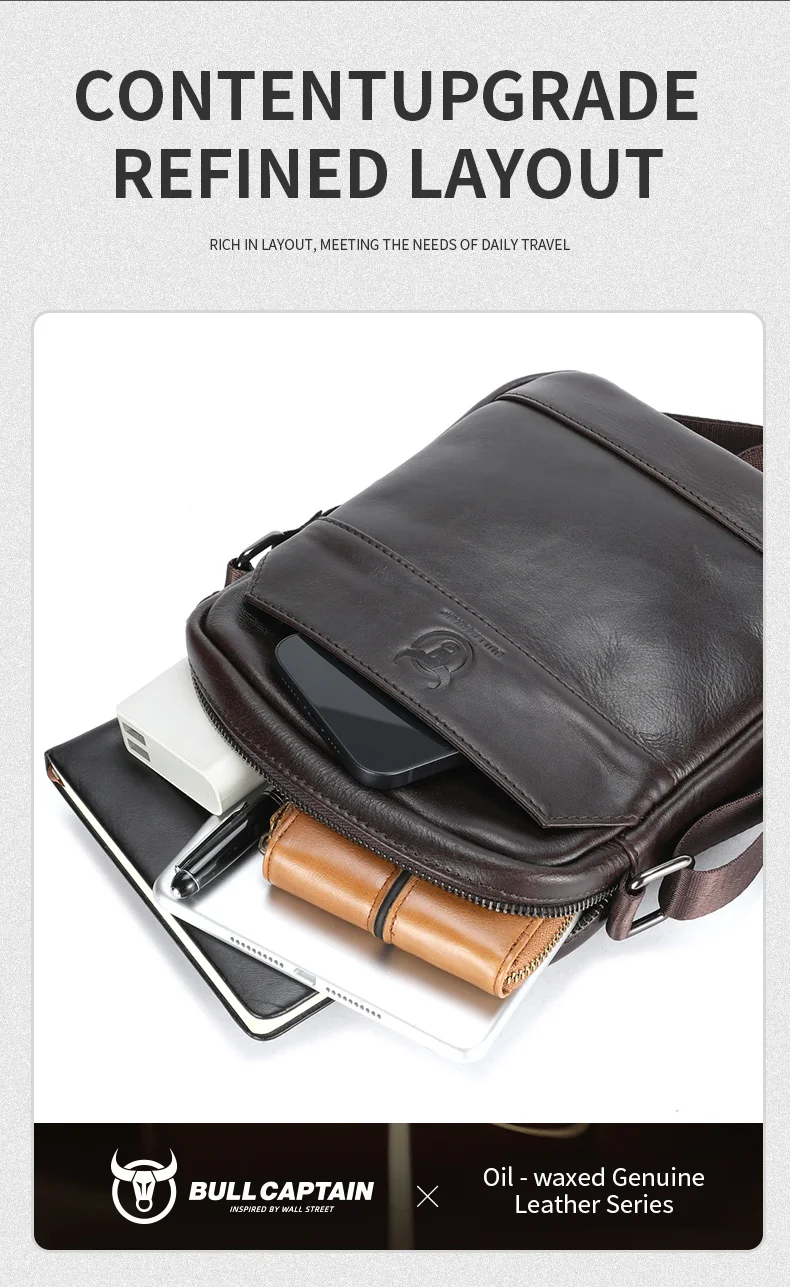 BULLCAPTAIN Herren-Umhängetasche, modische Ledertasche, trendige Retro-Herren-Umhängetasche aus hochwertigem Rindsleder. – Detail 6