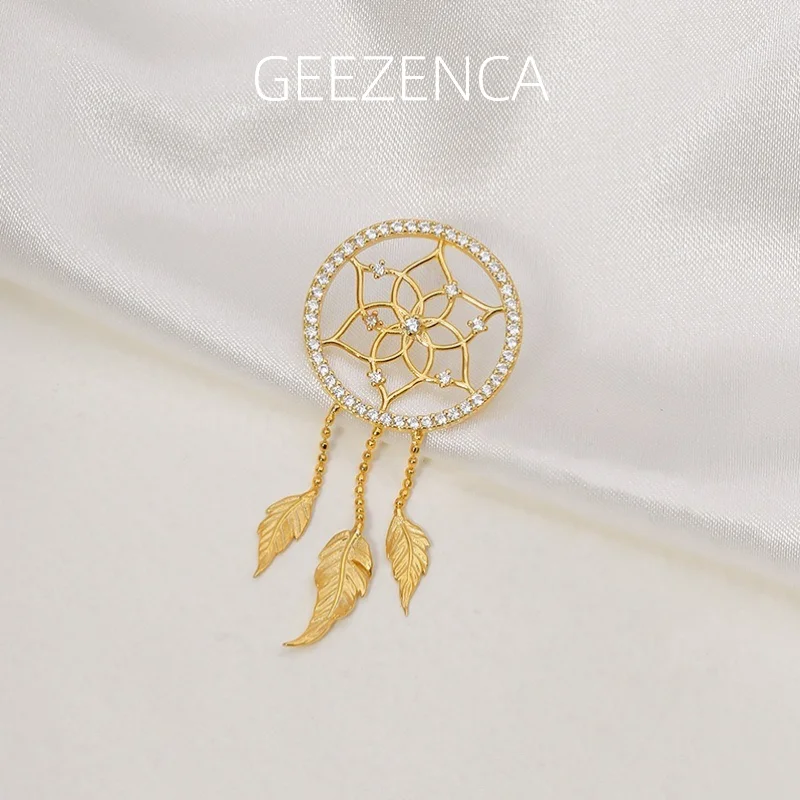 GEEZENCA 925 Silver 5A Zircon Dream Catcher Net Feather Tassel Pendant For Women Designer Chic Necklace Pendants Without Chain