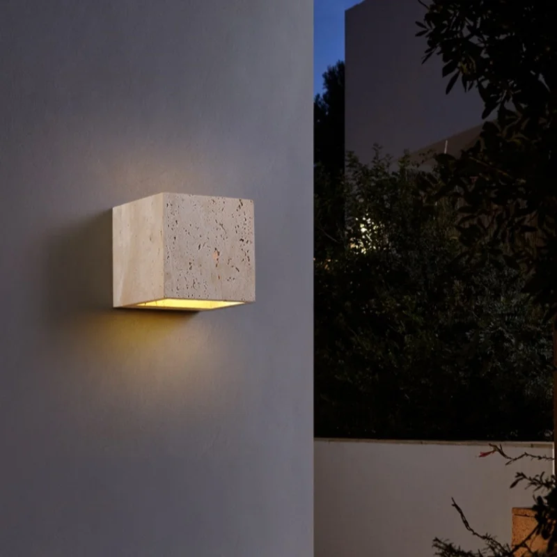 IWHD-Lámpara LED de pared de travertino amarillo, accesorios de iluminación para exteriores, dormitorio, sala de estar, decoración del hogar,