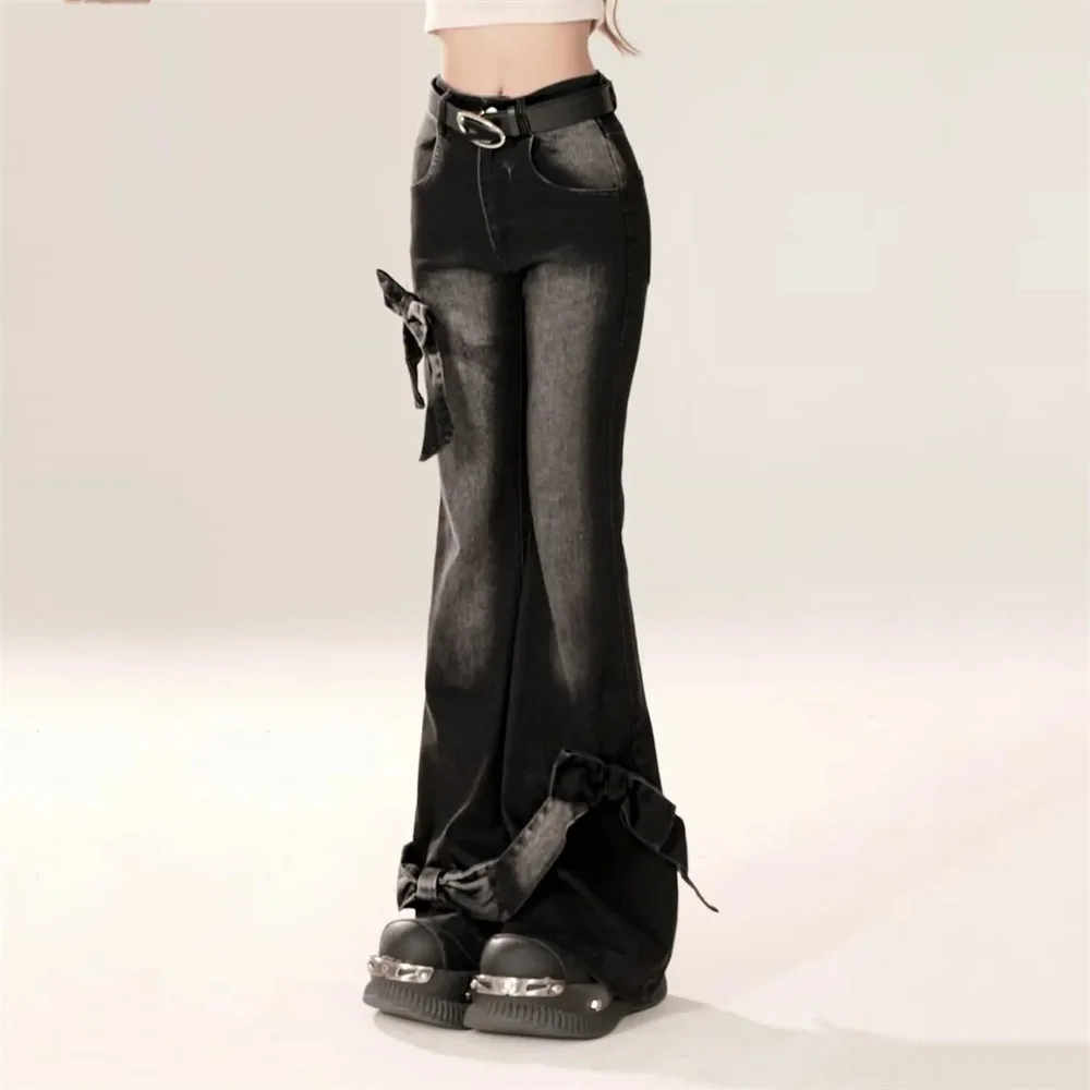 الحلو المرأة السوداء القوطية القوس مضيئة الجينز Harajuku الجمالية Y2K سراويل جينز عالية الخصر كاوبوي بانت خمر 2000s Kawaii السراويل #4
