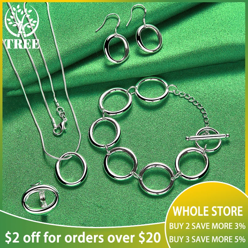 

4PCS 925 Sterling Silver Oval Pendant Necklace Ring Bracelet Earring Set For Woman Wedding Engagement Party Gift Charm Jewelry