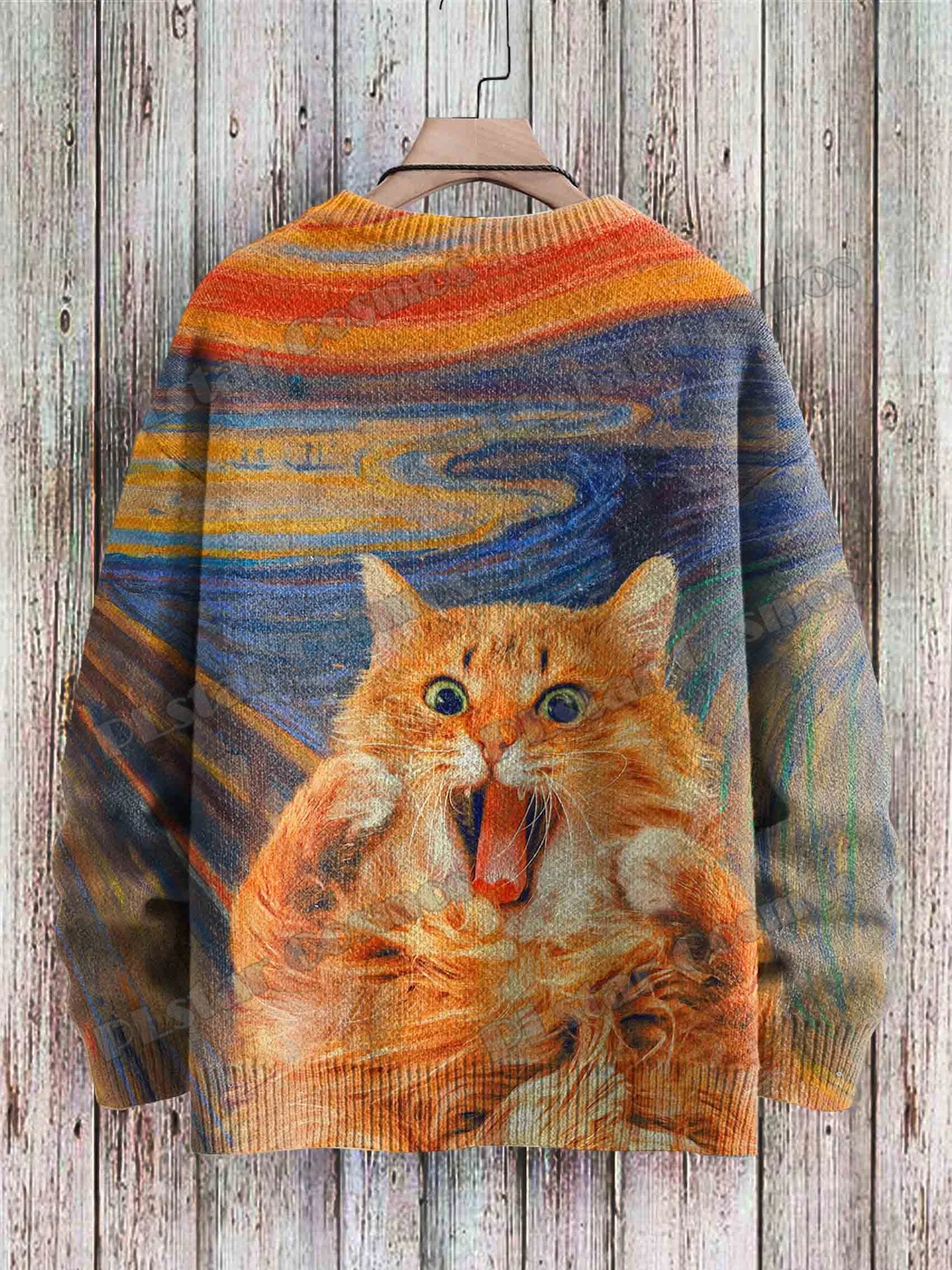 PLstar Cosmos Cute Cat Art Pattern 3D All Over Printed Men's Knitted Pullover Winter Unisex Casual Knit Pullover Sweater ZZM108