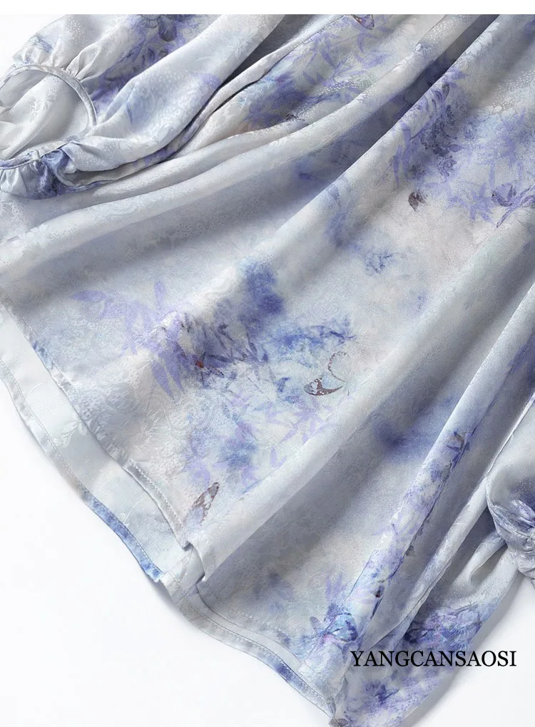 المرأة عادية أوائل الخريف نمط جديد 100% حرير التوت الطبيعي HuaLuo الرقبة المستديرة ثلاثة أرباع فانوس كم تي شيرت مطبوع