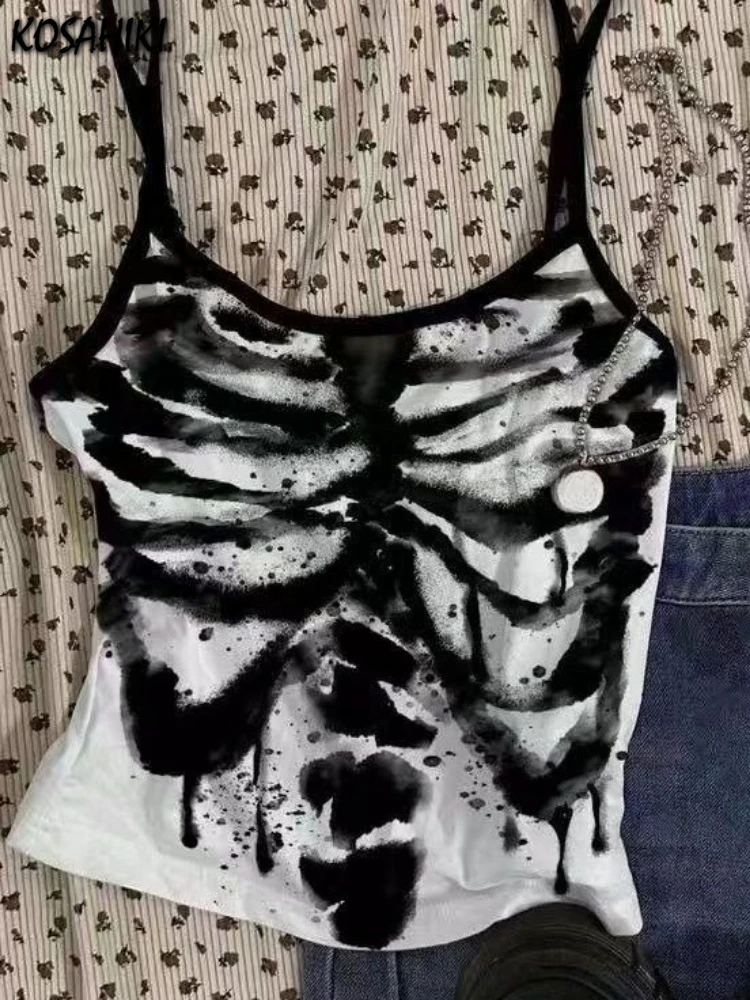 Streetwear Skeleton Printing Women Camisole Vintage Backless Slim Fit Tanks Summer Grunge Sexy Y2k Aesthetic Cropped Tank Top