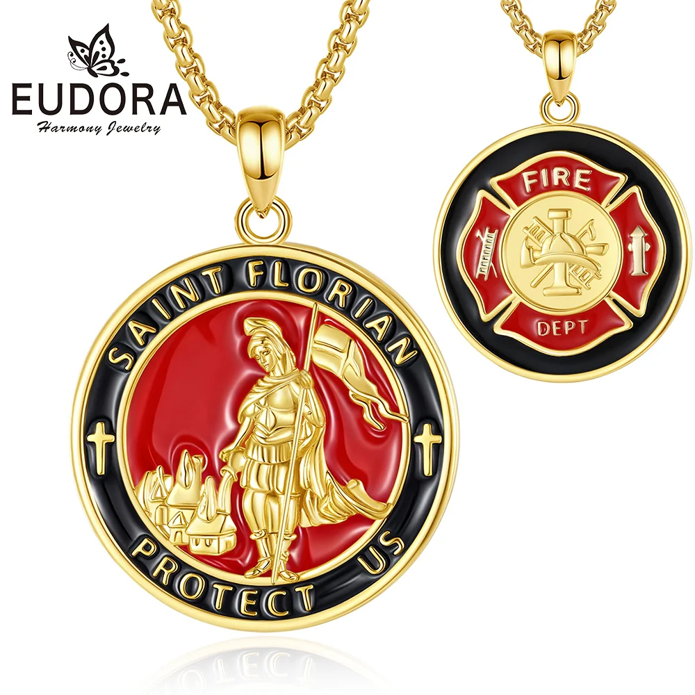 Eudora Copper Saint Florian Necklace 18k Gold Plated Firefighter Amulet Cross Pendant Christian Jewelry Fine Gift for Men Woman