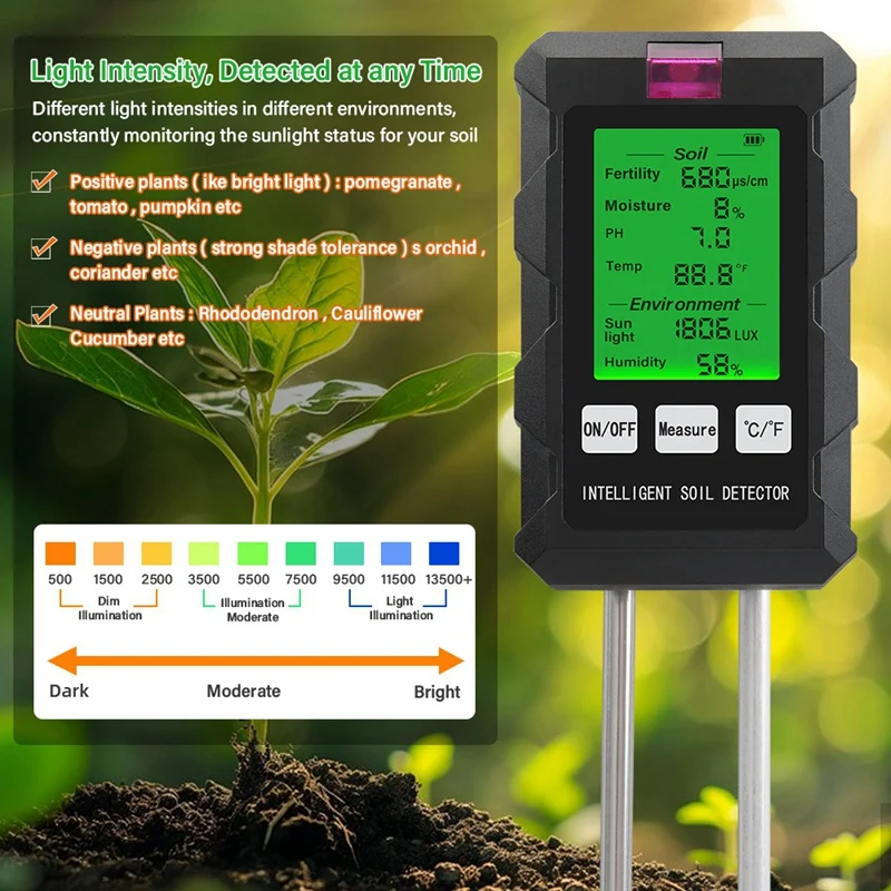 6 in 1 Multifunctional Soil Tester Soil Fertility PH Temperature Humidity Sunlight Air Moisture Detector for Gardening-A56M