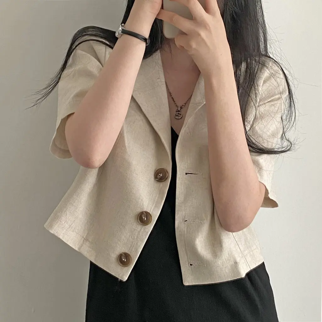 

Ins Blogger Thin Short-Sleeved Linen Suit Jacket Women's Fashionable Casual Short Jacket for Spring/Autumn