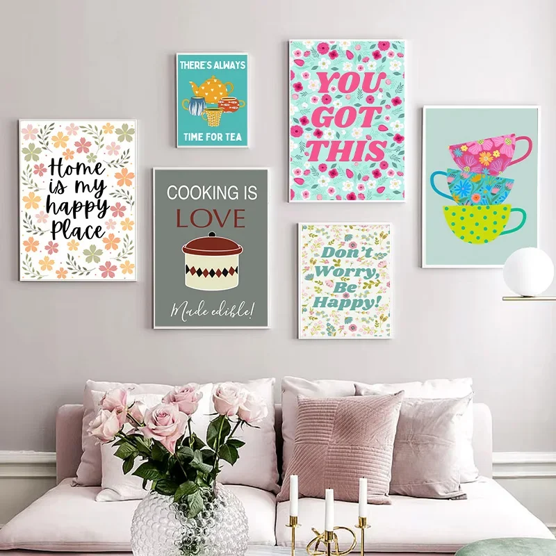 Multiple sizes 1pc frameless Canvas Painting, Modern Tea Party Poster Afternoon Tea Book Teacup Canvas Painting Wall Art Decorat