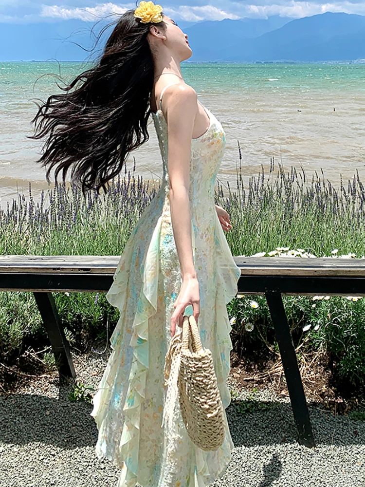 Summer Boho Jacquard Floral Sling Sexy Long Dress Women Elegant Casual Ruffled Prom Clothes 2025 New Korean Body Festival Dress