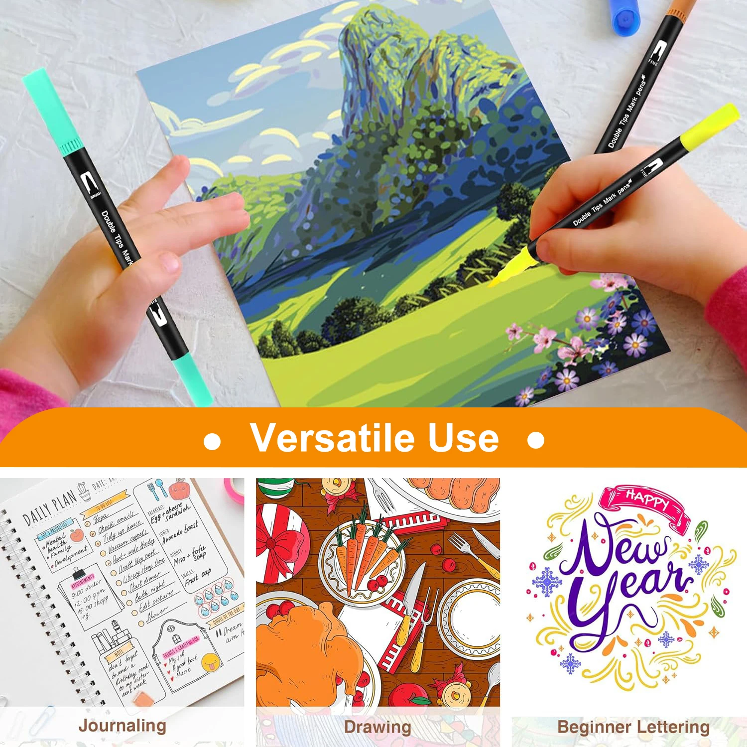 مجموعة ألوان مائية مكونة من 168 لونًا وفرشاة ألوان مائية رفيعة ذات طرف مزدوج للأطفال والكبار كتب تلوين بدون أقلام طلاء للرسم