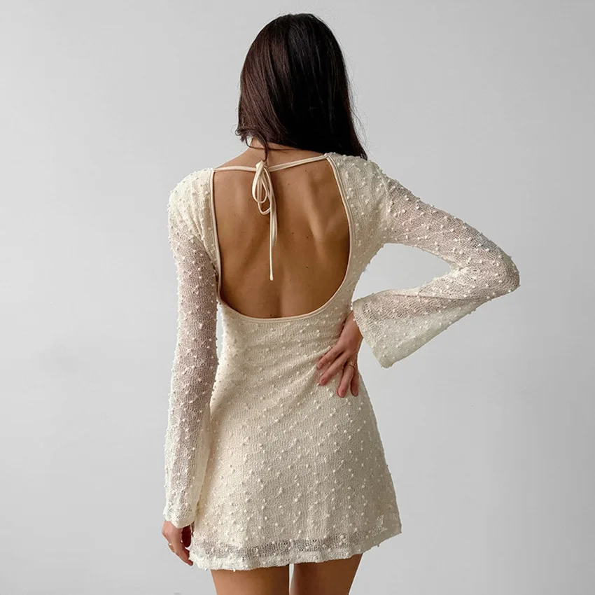 European and American Sexy Jacquard Backless Slim Dress 2025 Spring/summer New Lace-up Crew Neck Long Sleeve Short Skirt