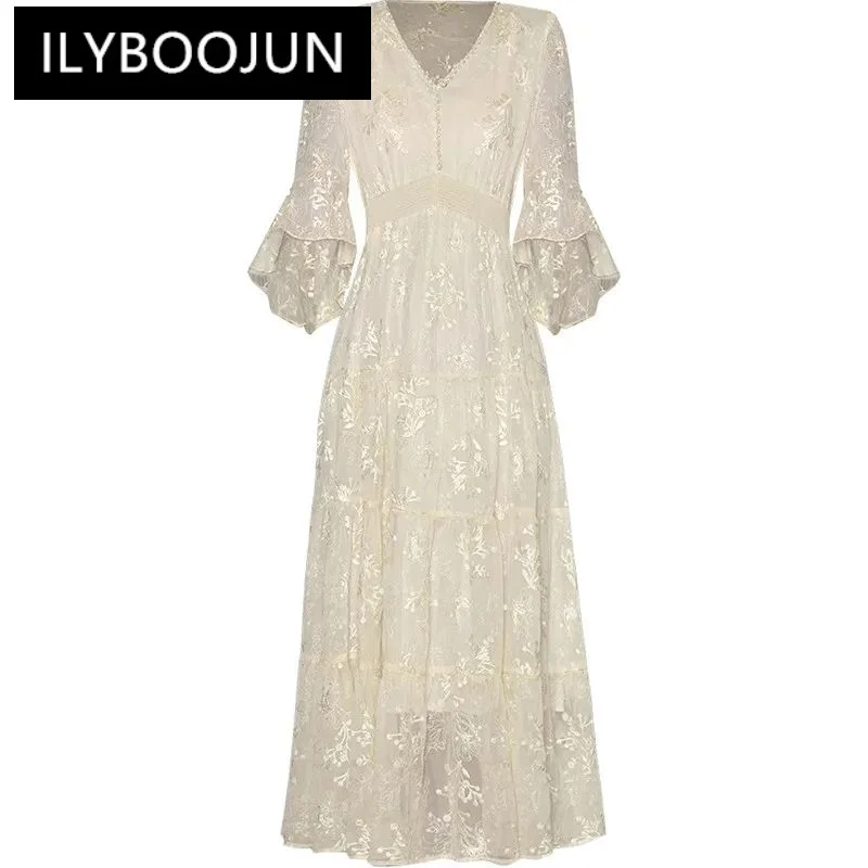 

ILYBOOJUN Spring Summer Women's Dress V-Neck Flare Sleeved Beading Embroidery Elastic Waist Streetwear Fashion Dresses