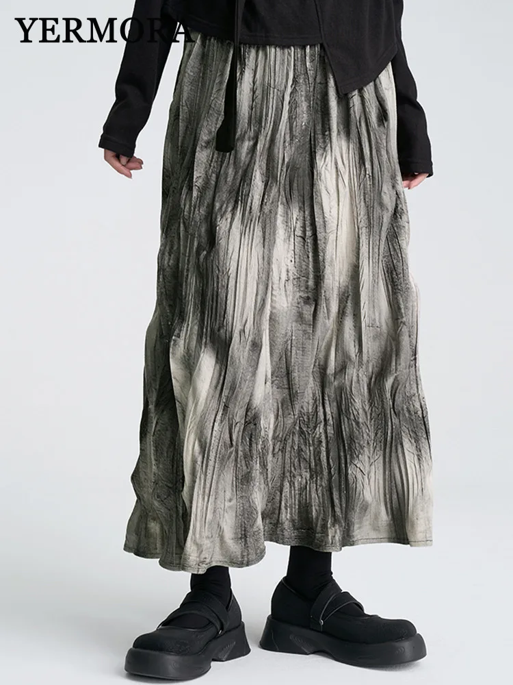 

YERMORA high elastic waist gray printed pleated casual half body skirt for women loose fahion tide spring summe 2025
