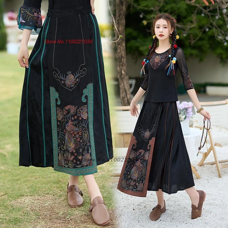 2025 chinese vintage skirt flower embroidery ethnic satin jacquard skirt traditional elastic waist folk a-line horse-face skirt