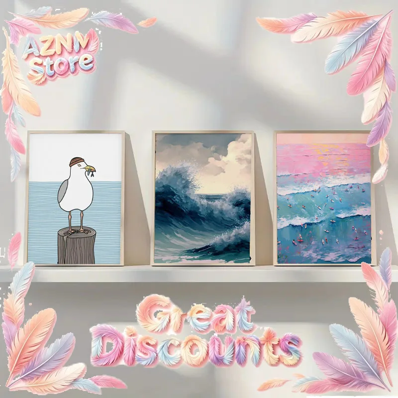 2026 Aesthetic Coastal Canvas Wall Art Seaside Beach Birds Fish House Decor Modern Ocean Waves Minimalist Print Vintage Poster