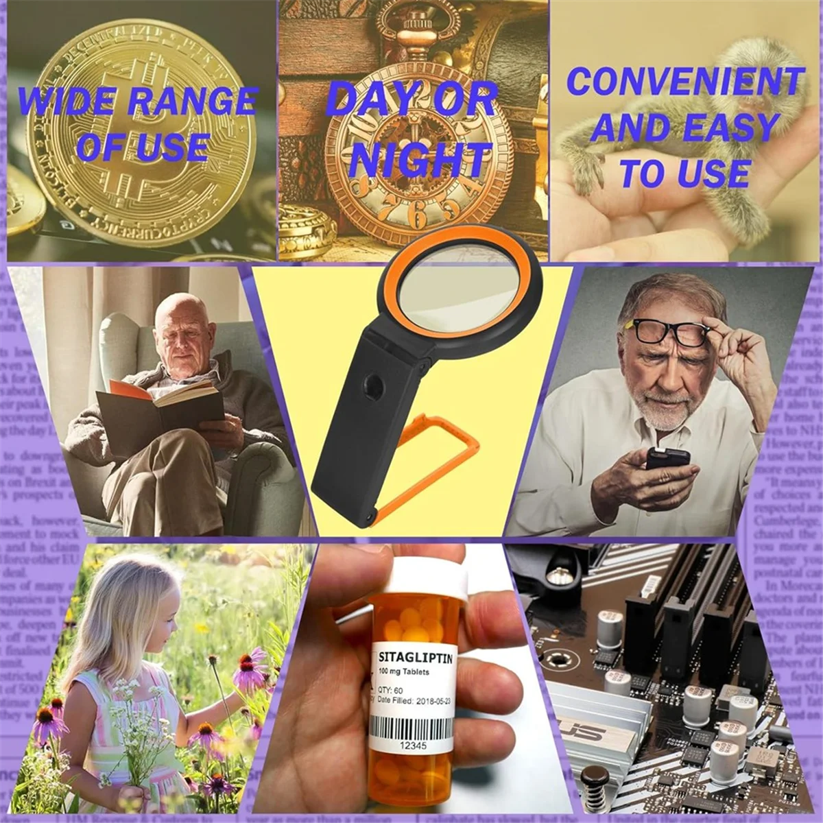 عدسات مكبرة محمولة قابلة للطي ABJY 30X40X 18LED عدسة مكبرة مضاءة لكبار السن للقراءة والعمل المغلقة والعملات المعدنية #5