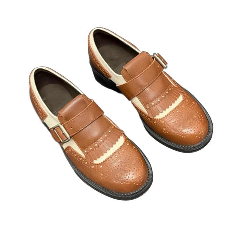 

Withered Minimalist Women's Flat Shoes Contrasting Colors Tassels Carved Patterns British Vintage Cowhide Loafers Women