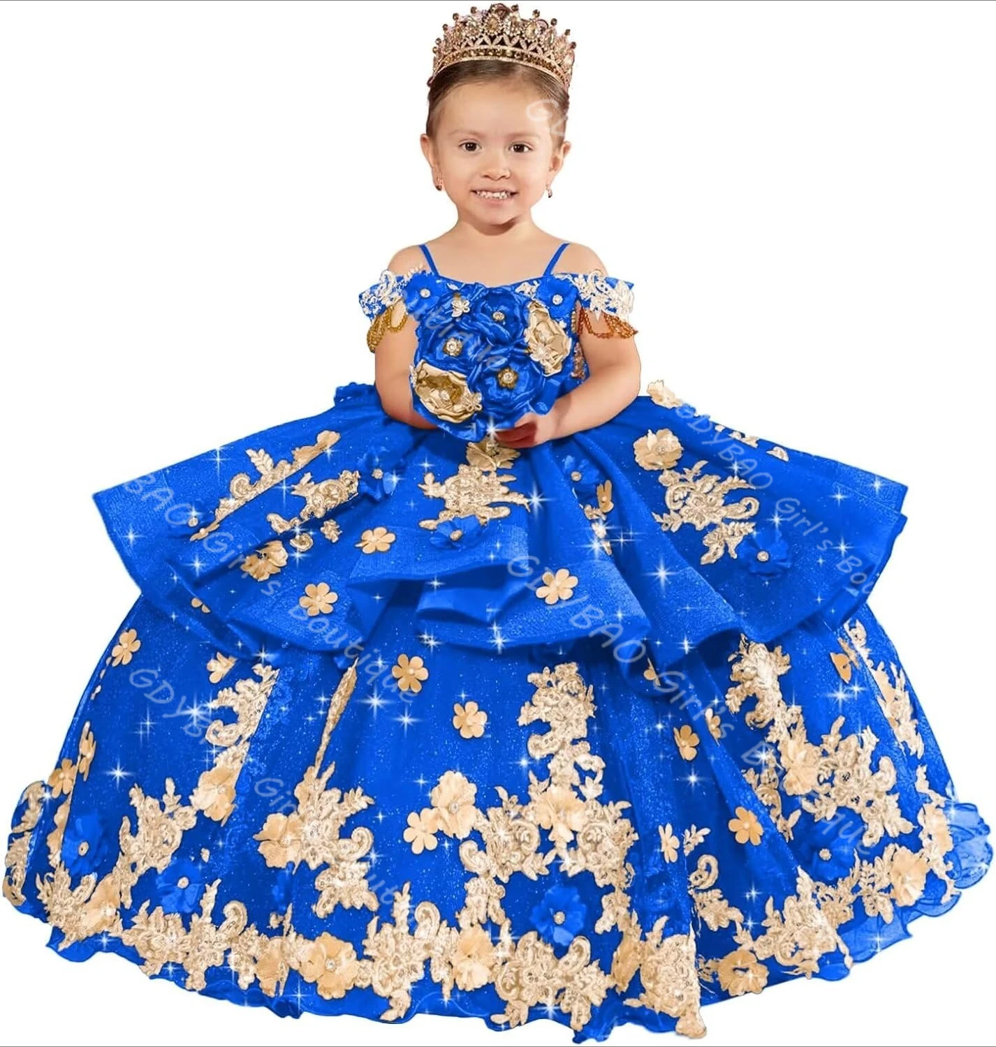 Ball Gown Flower Girl Dress Toddlers Gold Appliqued Tiered Tulle Princess Pageant Dress Drop Shoulder Custom Wedding Party Frock #1