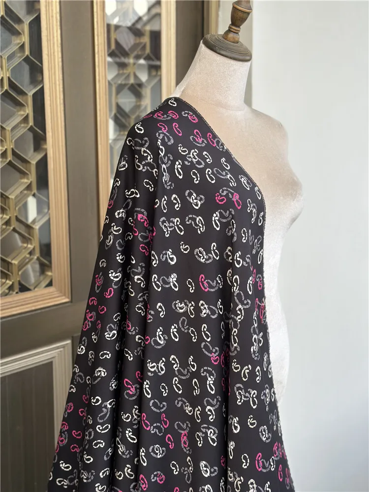 1 meter 95% Mulberry Silk 5% Spandex 25 Momme Twill Silk Fabric Black Abstract Printed 140cm 55