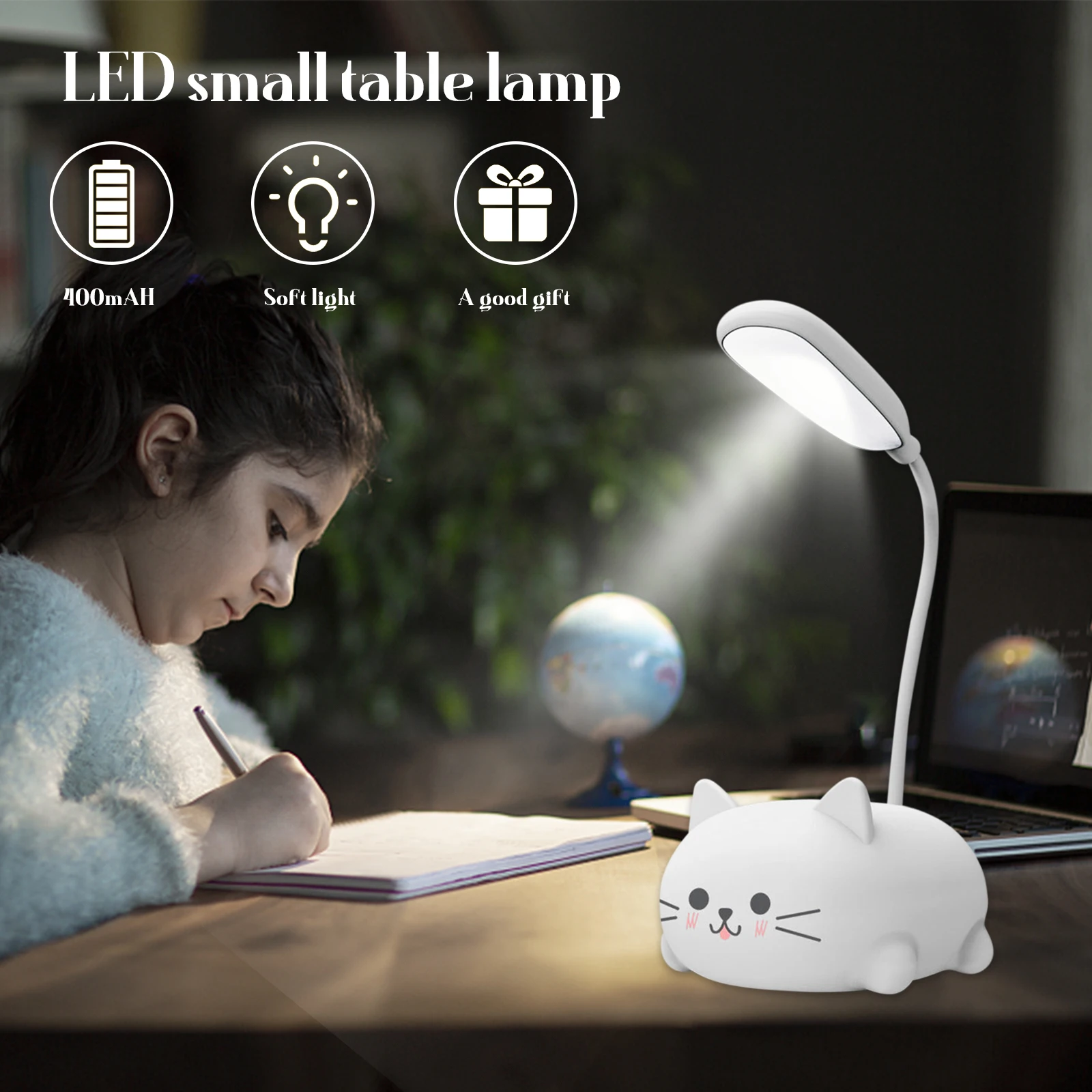 USB Night Light Foldable Cute Cat Student Learning Light Rechargeable 400mAh Adjustable Gooseneck Kids Gifts for Bedroom Office