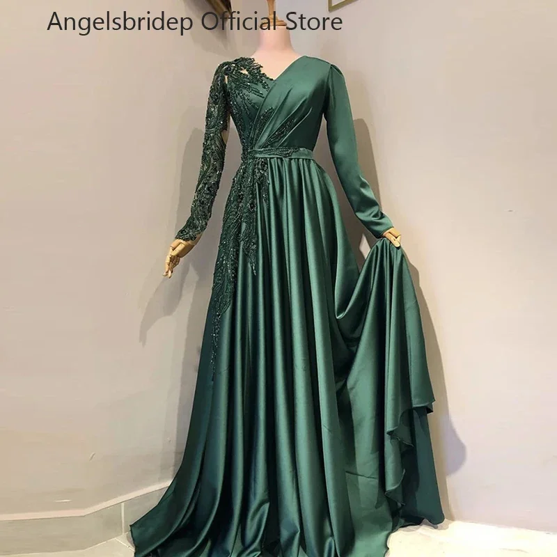 

Dark Green Dubai Arabic Satin Evening Dresses Long Sleeves Applique Beads Exquisite Prom Dress Women Formal Gowns