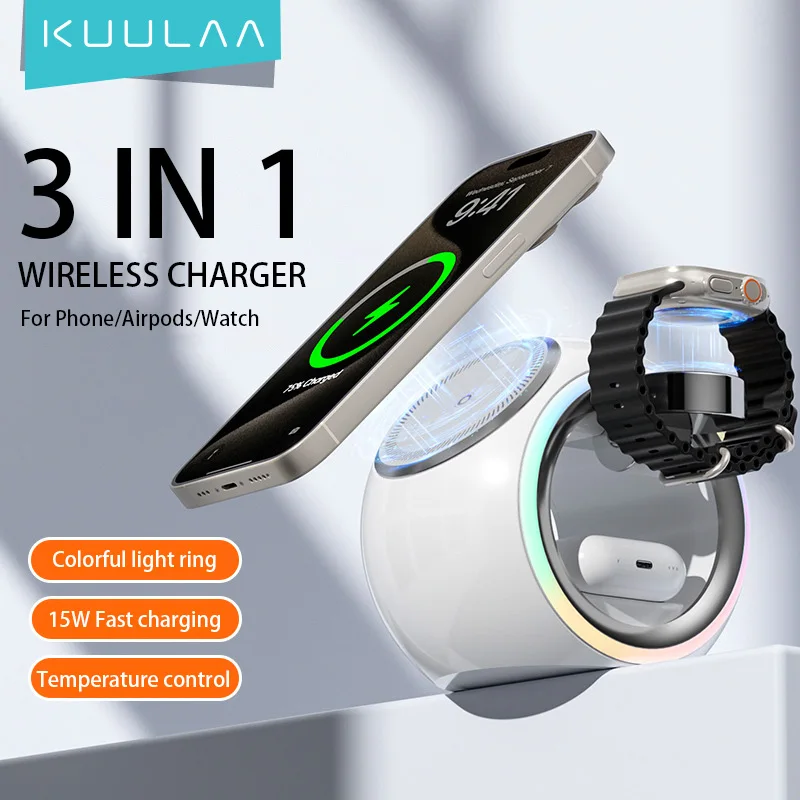 KUULAA 3 in 1 Magnetic Wireless Charging for iPhone 1615 14 Color Changing LED Light Wireless Charger for AirPods/Watch