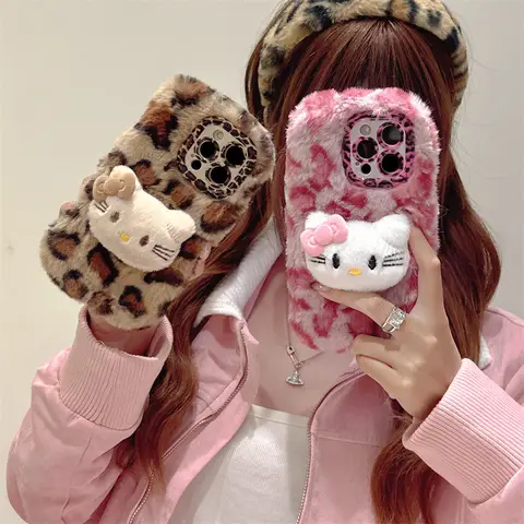 Funda de teléfono ins peluda de leopardo de peluche 3D con bonitos dibujos de Hello Kitty para iPhone 16 15 14 13 12 11 Pro Max, funda protectora a prueba de golpes
