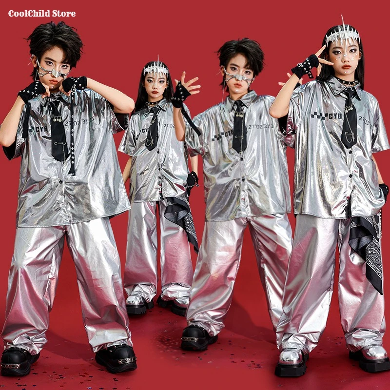 Girls K-pop Jazz Silver Shirt Skirts Boys Hip Hop Joggers Pants Street Dance Shorts Clothes Set Kid Costume Children Streetwear