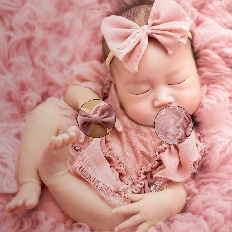 Newborn Photoshoots Set Lace Romper Dress Bowknot Headband Photo Props Girl Photo Costume Infant Photography Suit