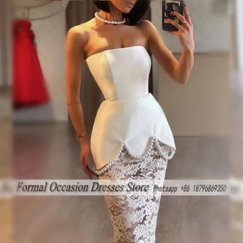 Elegante Spitze Abendkleider Perlen Trägerloses Meerjungfrau Hochzeitskleid Ärmellos Aribic Dubai Ballkleider Maßgeschneidert