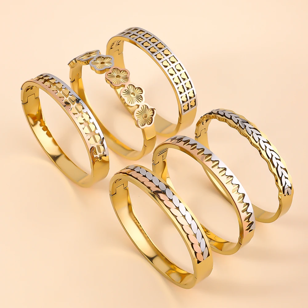 

Luxury Waterproof High-quality Stainless Steel Cuff Bracelet, Gold Color Metal Non Fading Women's Wrist Jewelry Accessory Gift