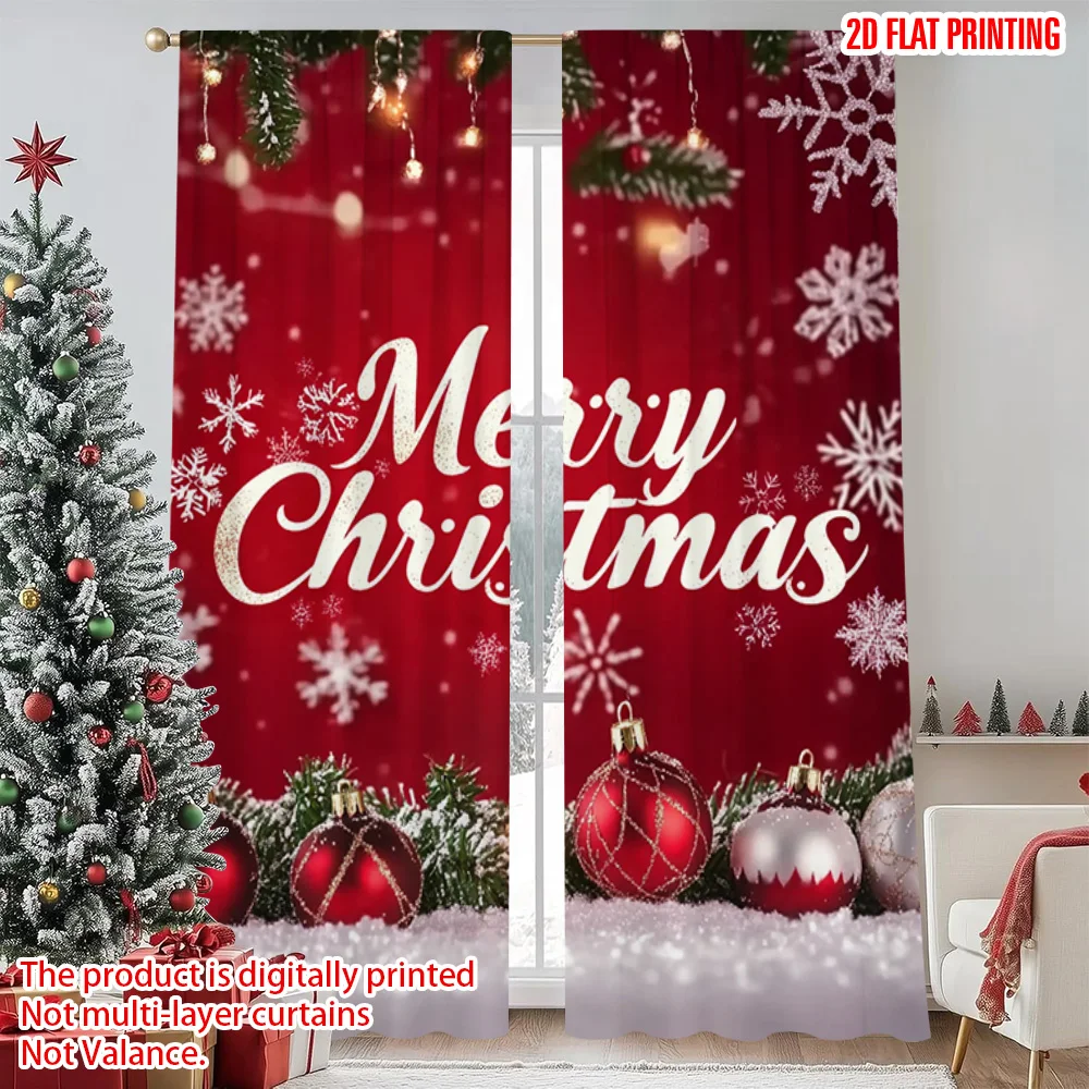 

2pcs 2D flat printing Merry Christmas Window Curtains Winter Snow Christmas Durable 100% Polyester Fabric Without Electricity