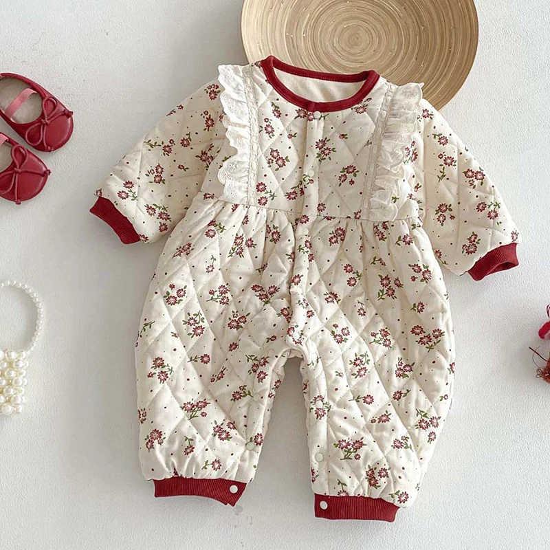 2025 New Winter 0-24M Children Clothes Infant Baby Girls Jumpsuit Long Sleeved Print Toddler Baby Girl Thicken Warm Romper