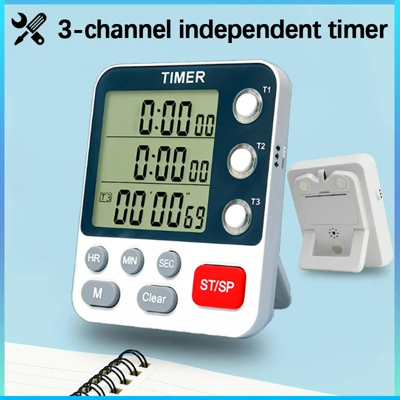 Digital Kitchen Timer 3 Channels Count UP/Down Timer 3 Levels Volume Alarm Clock  LCD Display Mute Flashing Timer for Studying