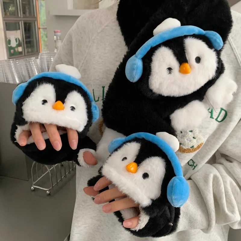 

Cute Penguin Half-Finger Flip Gloves Thick Warm Winter Gloves for Girls Kids, Suitable Soft Cold-Proof Accessories for Students