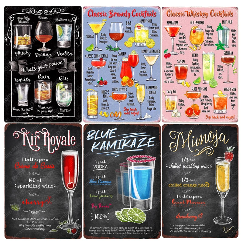 Letreros Metálicos Decorativos para el Hogar, Cócteles Clásicos, Moscow Mule, Letreros Vintage para Bar, Gin Whisky Vodka Tequila, Arte de Pared