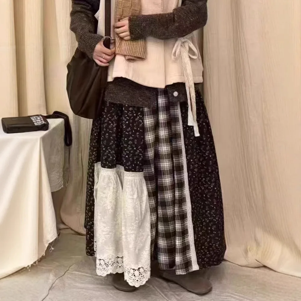 

TIYIHAILEY Cotton Patchwork Plaid Long Maxi Skirts Elastic Waist A Line Autumn Winter Thick Fleece New 2025 Ladies Printed