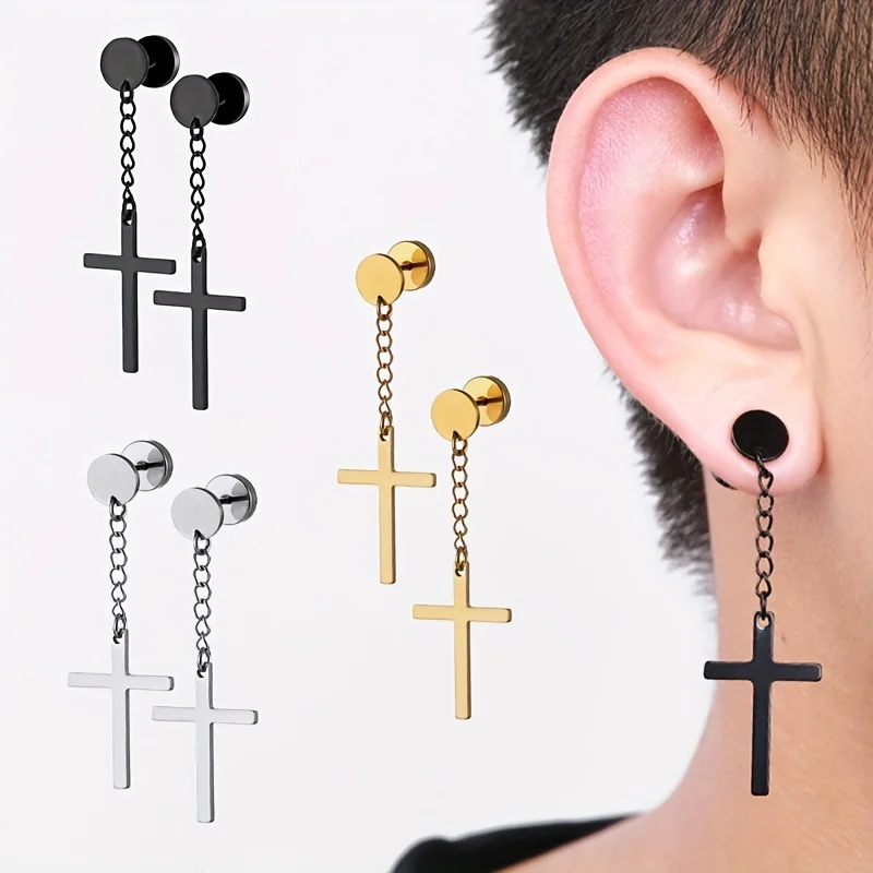 1 Pair Punk Fashion Stainless Steel Dangle Cross Earrings Circle Screw Stud Earrings Set for Men Women Daily Wear Jewelry