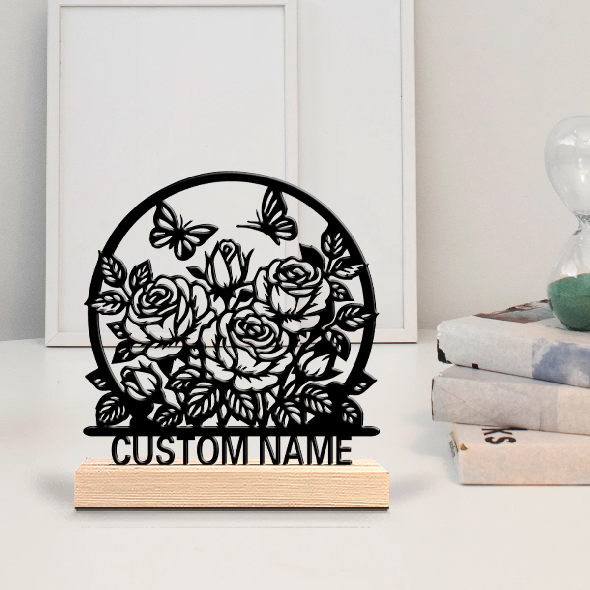 1 pieza de estatua de metal personalizada con diseño de rosa, decoración simbólica para escritorio con base de madera, regalo con temática masculina para oficina.