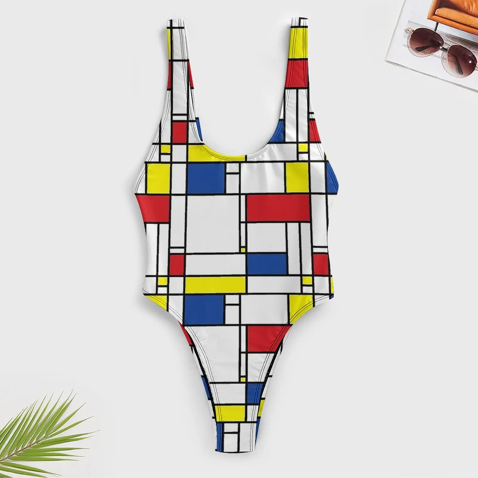 Mondrian Print Swimsuit De Stijl Modern Art One Piece Swimwear Push Up Kawaii Bathing Suits Ladies Sexy Surf Sport Swimsuits