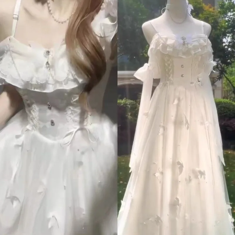 Bow Y2K Dresses Women Lolita Butterfly Puffy Dress Spring Summer Pleats Folds White Moonlight A-line Fairy Shoulder Long Dress