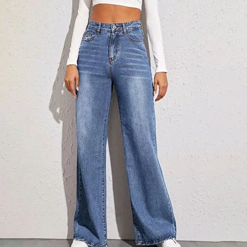 Light blue jeans women spring summer 2024 new retro high-waisted slimming straight mopping pants loose wide legs