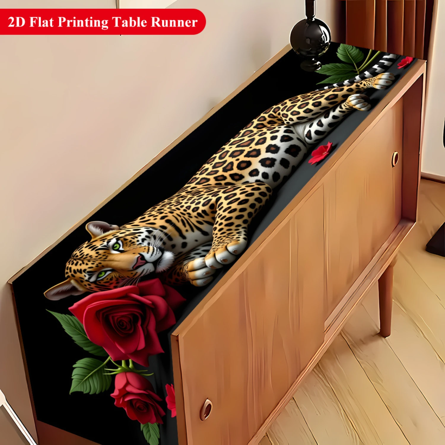 2026 Leopard And Rose Print Table Runner, Bold Wildlife Floral Style Decorative Runner For Dining Table, Parties And Home Decor