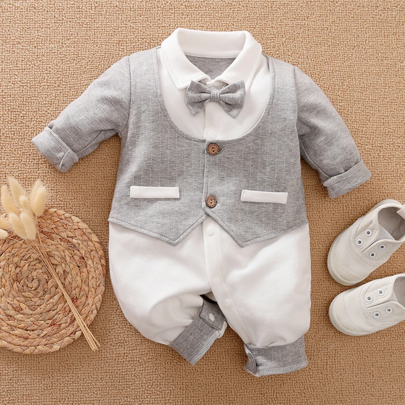 

Autumn 0-18 Months 100% Cotton Toddler Jumpsuit Onesie Gentleman Gray Children's Wear Romper Baby Boy Comfortable Lapel Knitted