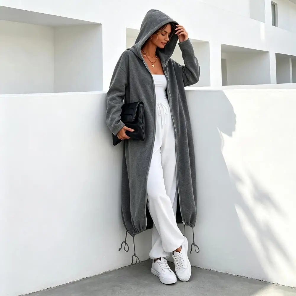 Women Long Hooded Jacket for Fall Winter,Oversized Casual Zip-Up Coat, Solid Color Tunic Hoodie Top with Pockets
