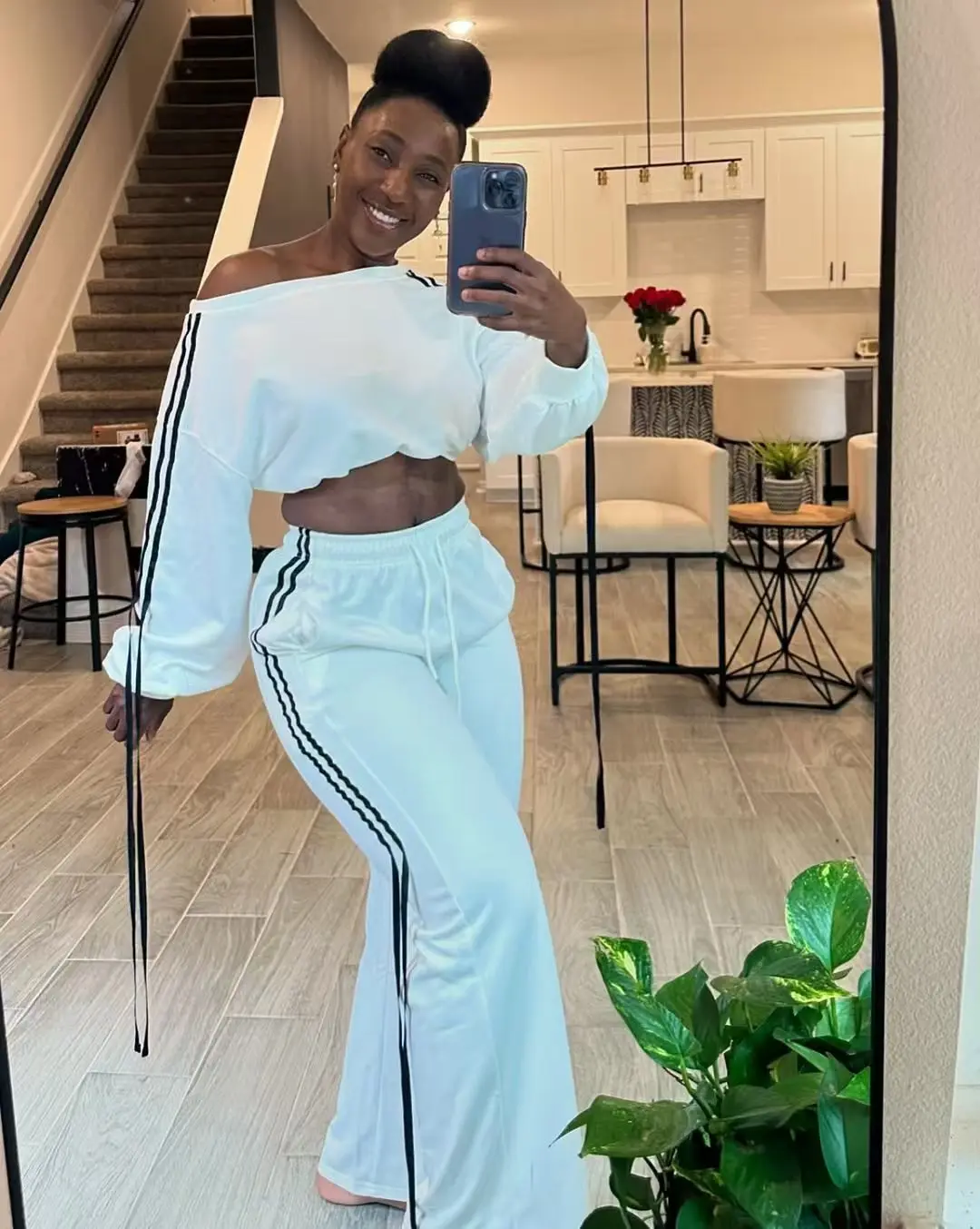 

Women Set Fall Fashion Striped Slanted Collar Long Sleeved Sweatshirt High Waisted Pants Casual 2 Piece Set Women Tracksuit Set