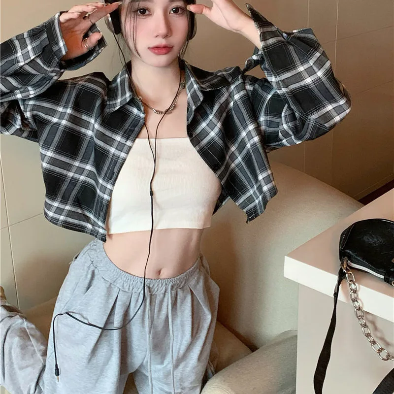 Trend Plaid Short Blouse Spring New Long Sleeve Polo Neck Youth Loose Street Casual Shirt Tops Korean Fashion Women Clothing